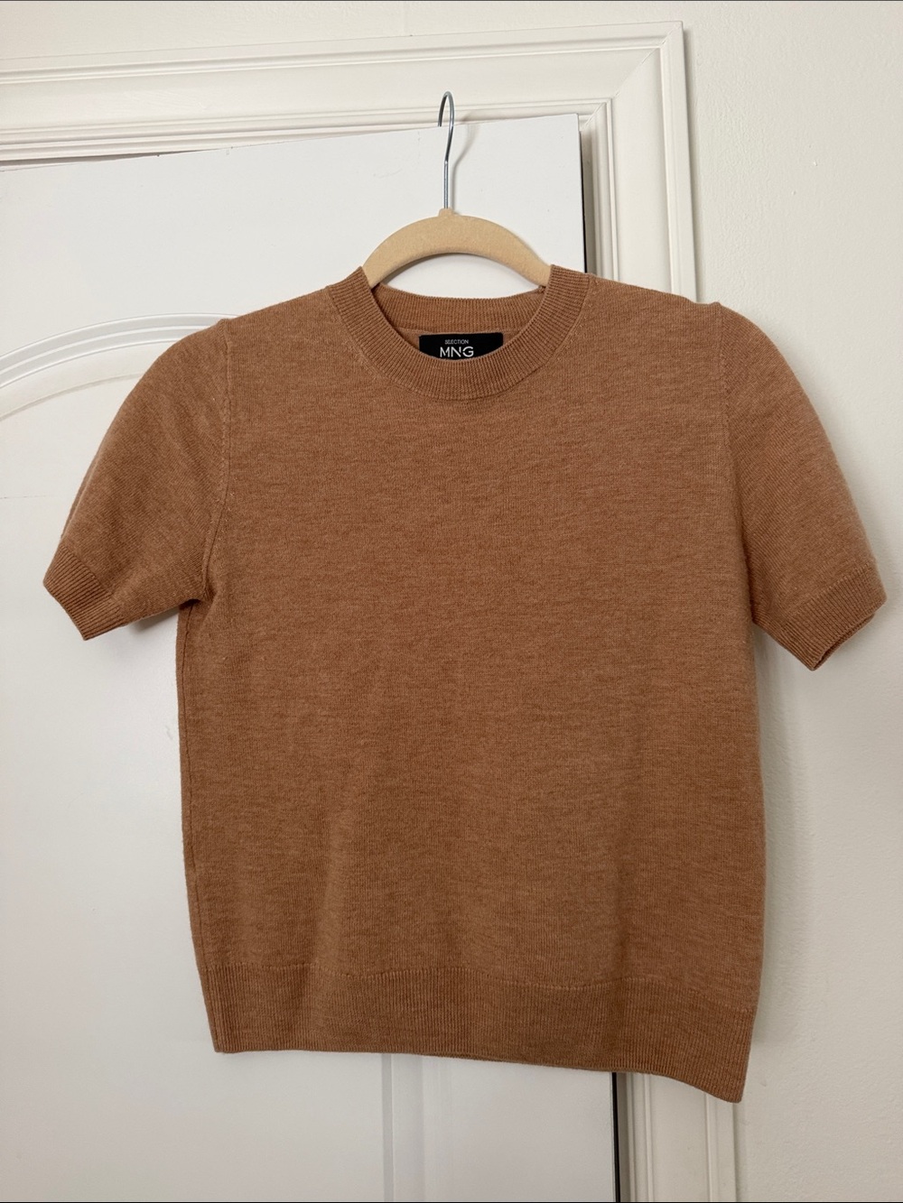Mango Short-Sleeve Crewneck Sweater in Camel Brown